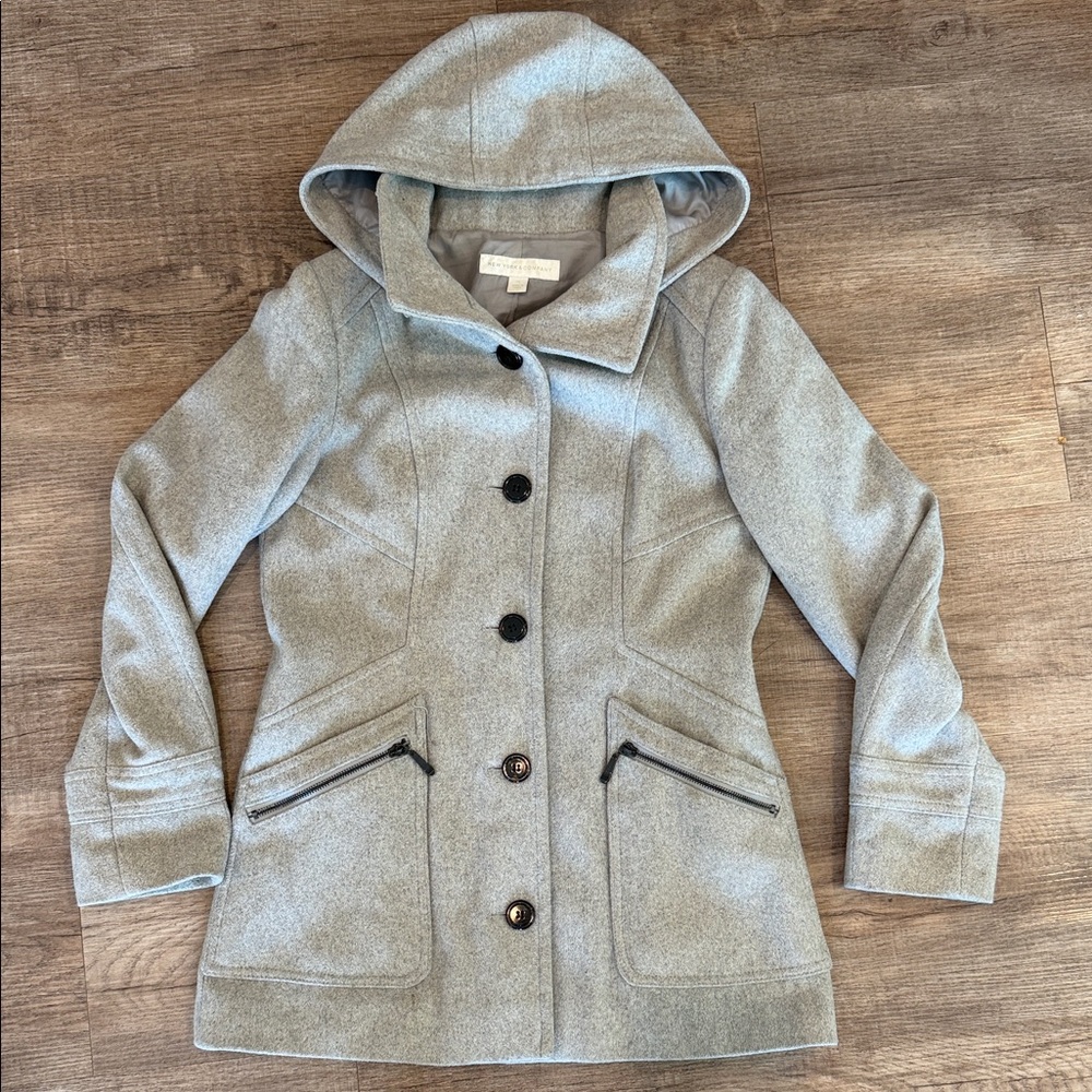 New York & Company Light Gray Hooded Trench Coat